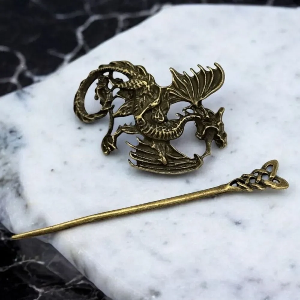 Wyvern Dragon Hair Stick Barrette Bronze Nordic Myth Viking Fantasy Twist Clip